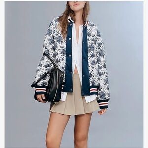 Anthropologie Navy and White Floral Varsity Jacket